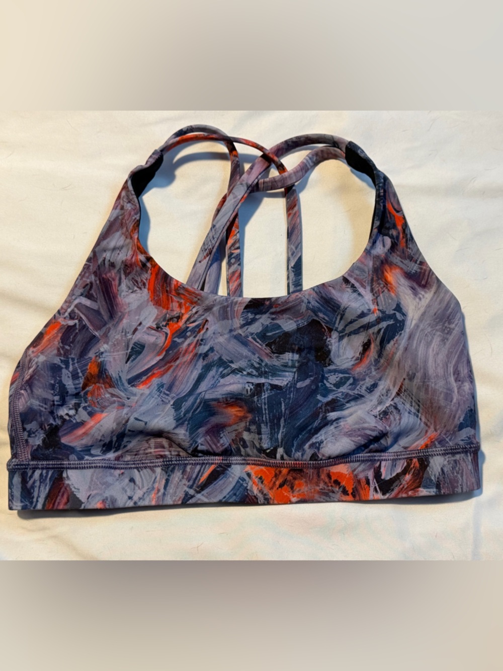 Women’s Strappy Sports Bra - purple, blue & Orange Print